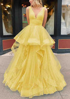A-line V Neck Sleeveless Long/Floor-Length Tulle Glitter Prom Dresses With Pleated