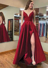 A-line V Neck Sleeveless Satin Long/Floor-Length Prom Dresses With Pockets Split