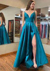 A-line V Neck Sleeveless Satin Long/Floor-Length Prom Dresses With Pockets Split