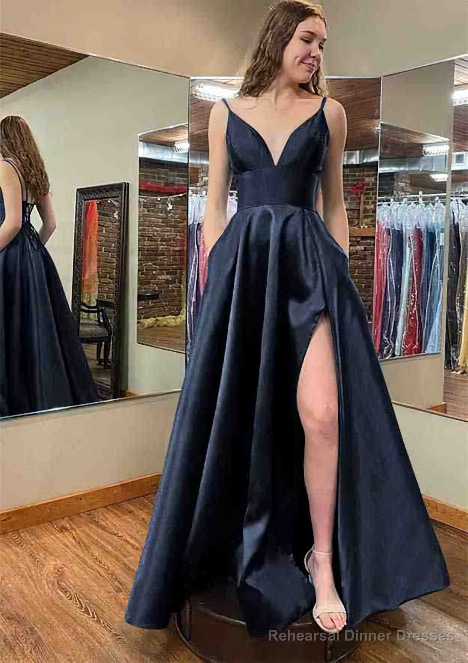A-line V Neck Sleeveless Satin Long/Floor-Length Prom Dresses With Pockets Split Secondary image
