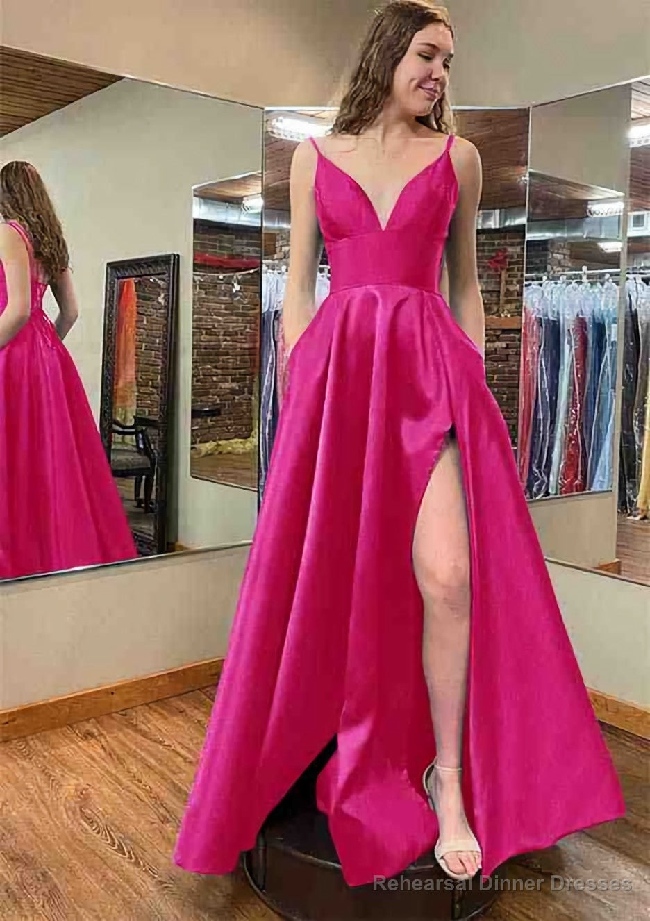 A-line V Neck Sleeveless Satin Long/Floor-Length Prom Dresses With Pockets Split