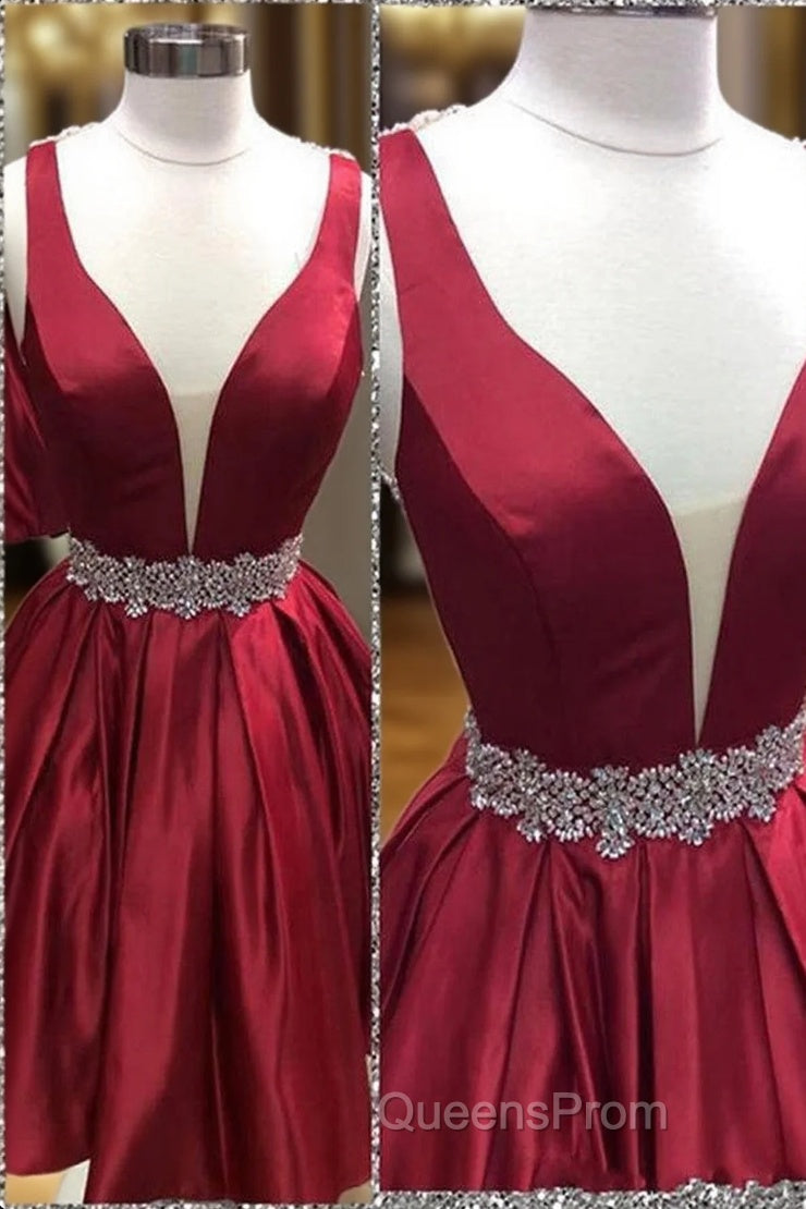 A-line V Neck Sleeveless Satin Short/Mini Homecoming Dress With Beading Bandage Main image