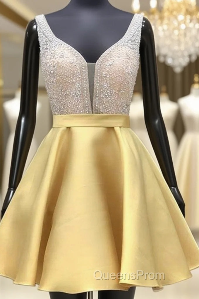 A-line V Neck Sleeveless Satin Short/Mini Homecoming Dress With Beading Sequins Main image
