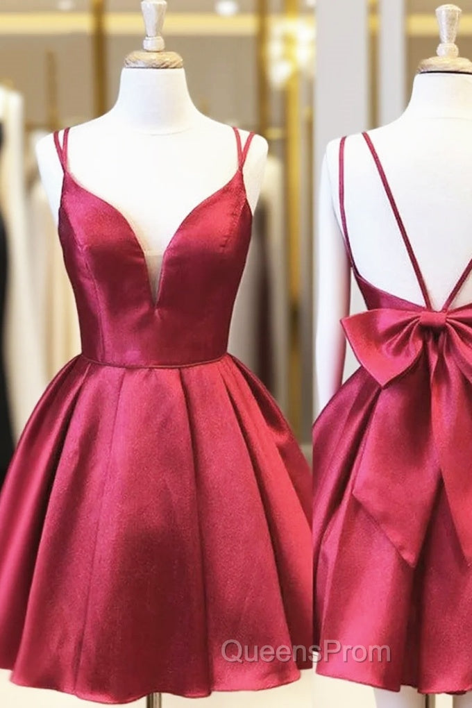 A-line V Neck Sleeveless Satin Short/Mini Homecoming Dress With Bowknot