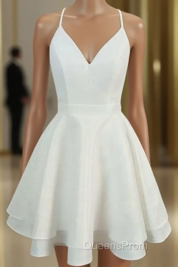 A-line V Neck Sleeveless Satin Short/Mini Homecoming Dress With Lace