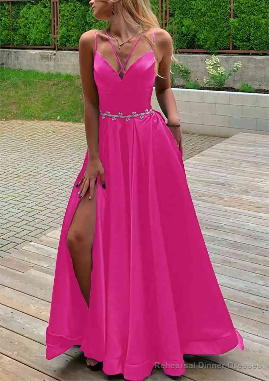 A-line V Neck Sleeveless Satin Sweep Train Prom Dresses With Pockets Waistband Split