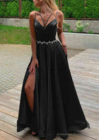 A-line V Neck Sleeveless Satin Sweep Train Prom Dresses With Pockets Waistband Split