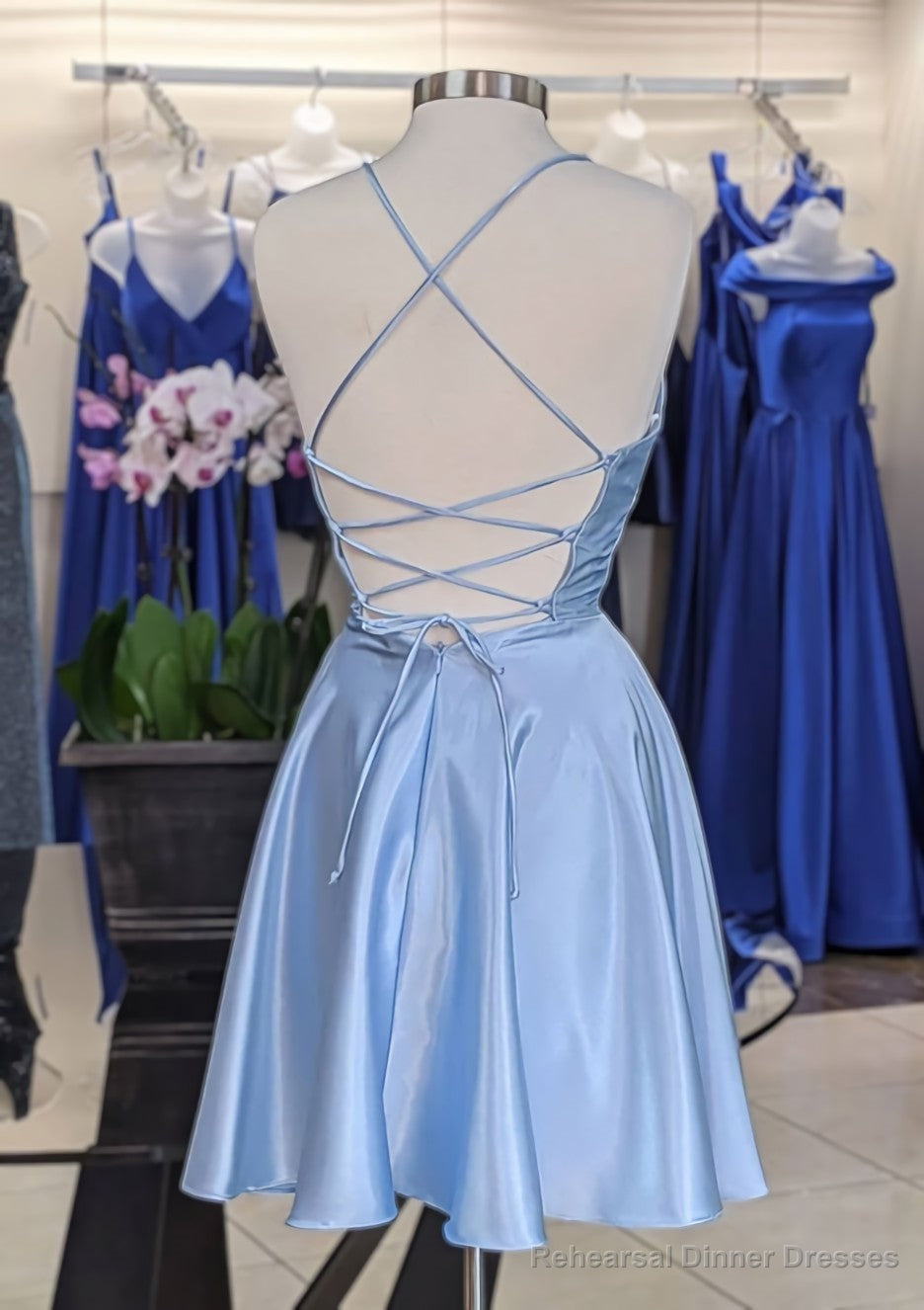 A-line V Neck Sleeveless Short/Mini Charmeuse Homecoming Dresses with Pleated Secondary image