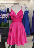 A-line V Neck Sleeveless Short/Mini Charmeuse Homecoming Dresses with Pleated