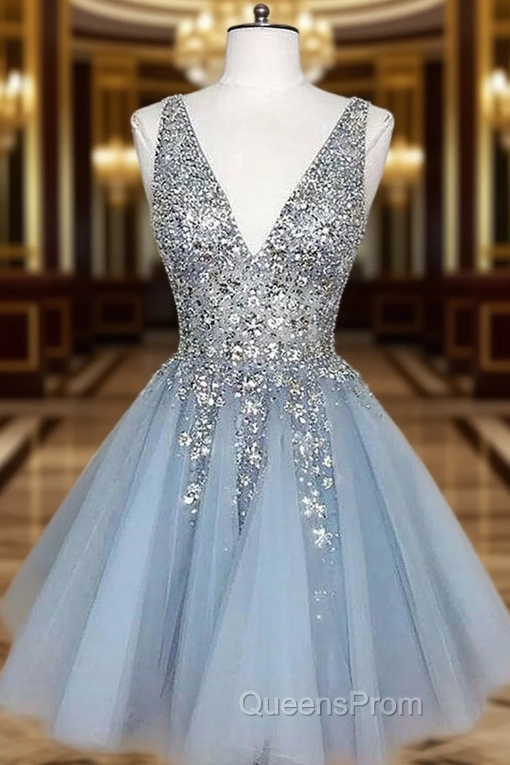A-line V Neck Sleeveless Short/Mini Homecoming Dress With Beading Ruffles Sequins Main image