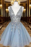 A-line V Neck Sleeveless Short/Mini Homecoming Dress With Beading Ruffles Sequins