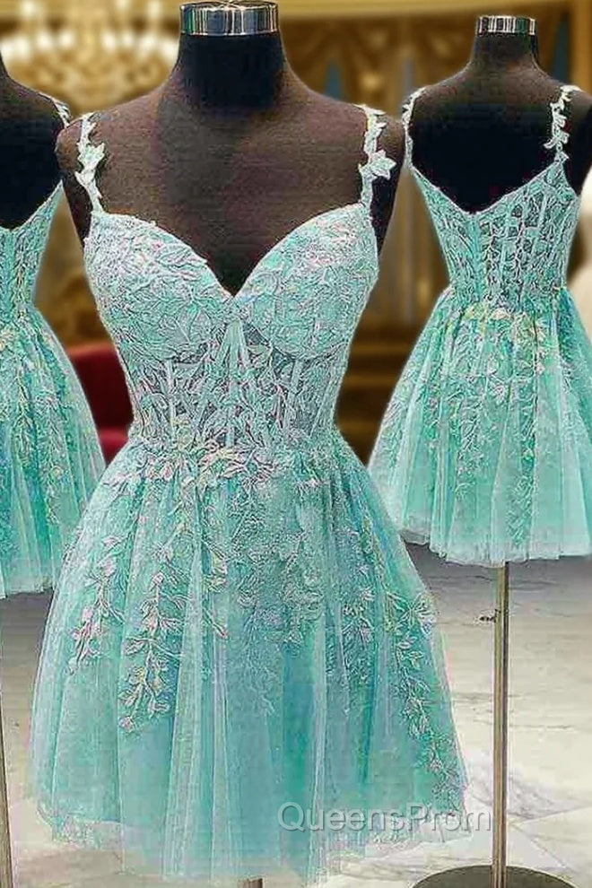 A-line V Neck Sleeveless Short/Mini Lace Evening Prom Dress With Beading