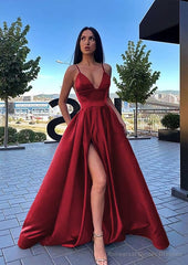 A-line V Neck Sleeveless Sweep Train Satin Prom Dresses