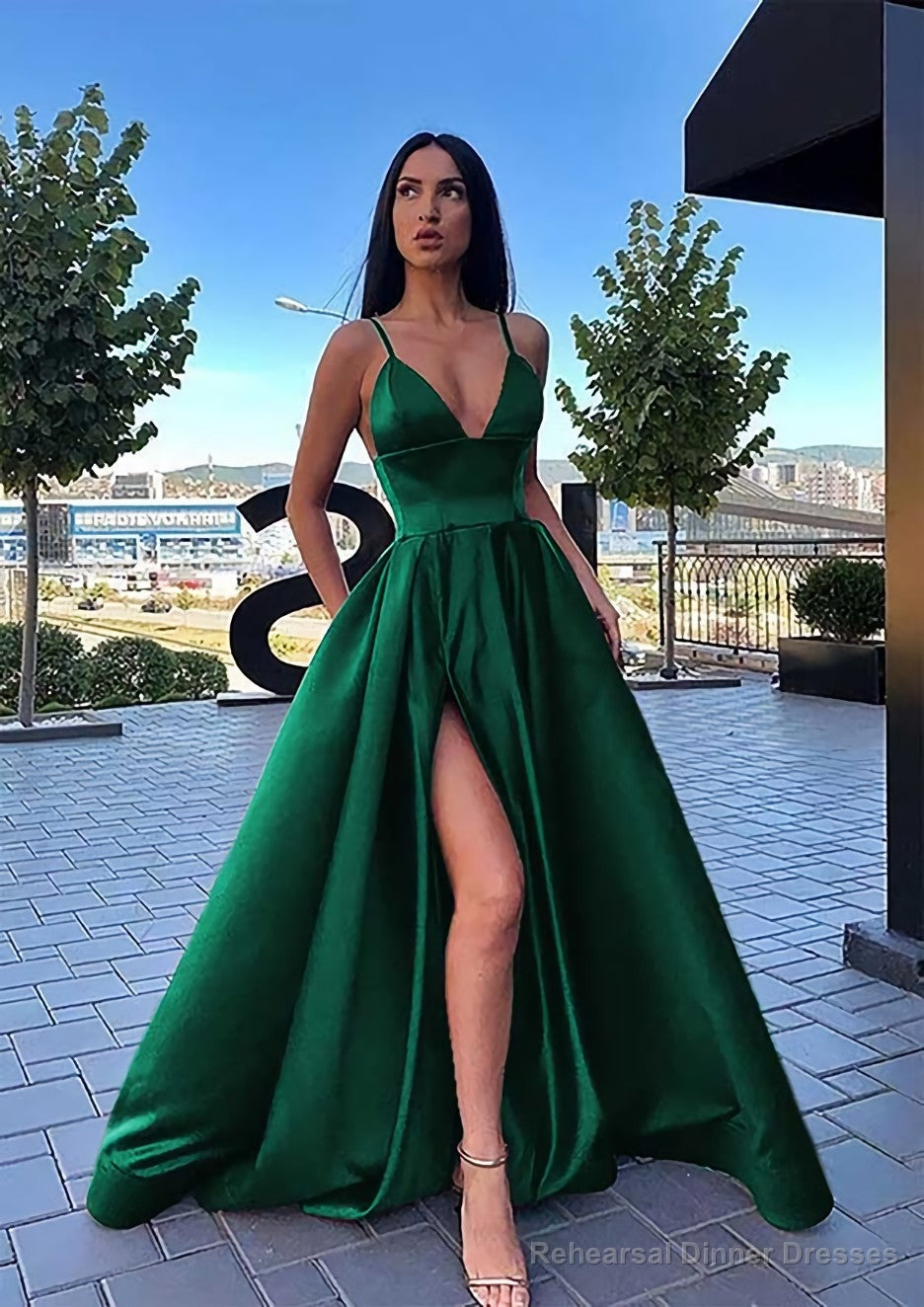 A-line V Neck Sleeveless Sweep Train Satin Prom Dresses Secondary image