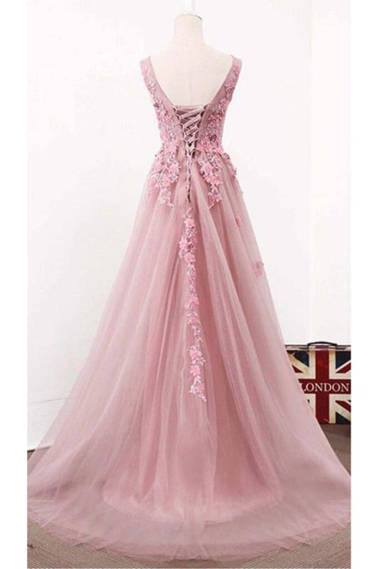 A Line V Neck Sleeveless Tulle Long with Flowers Prom Classy Prom Dress Secondary image