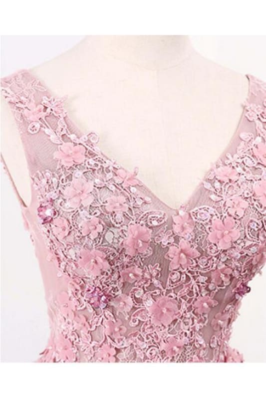 A Line V Neck Sleeveless Tulle Long with Flowers Prom Classy Prom Dress