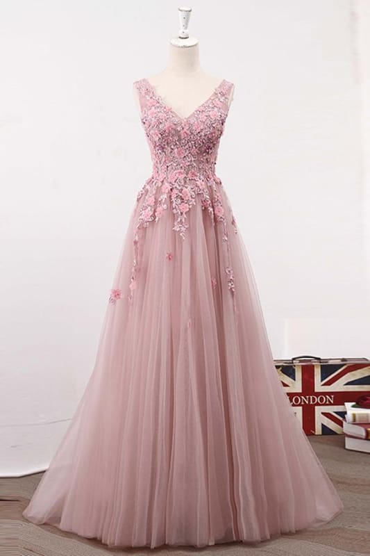 A Line V Neck Sleeveless Tulle Long with Flowers Prom Classy Prom Dress Main image