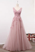 A Line V Neck Sleeveless Tulle Long with Flowers Prom Classy Prom Dress