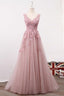 A Line V Neck Sleeveless Tulle Long with Flowers Prom Classy Prom Dress