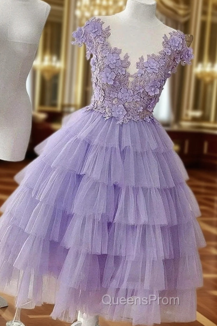 A-line V Neck Sleeveless Tulle Short/Mini Homecoming Dress With Appliqued