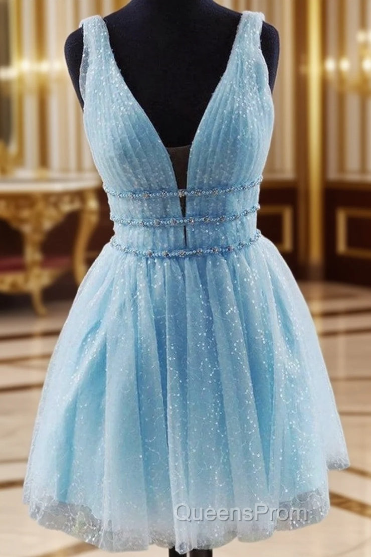 A-line V Neck Sleeveless Tulle Short/Mini Homecoming Dress With Beading Glitter Main image