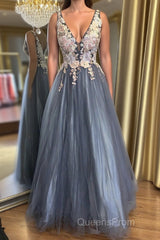 A Line V Neck Smoke Blue Long Evening Prom Dress with Lace Appliques, Floral Smoke Blue Formal Graduation Evening Dress