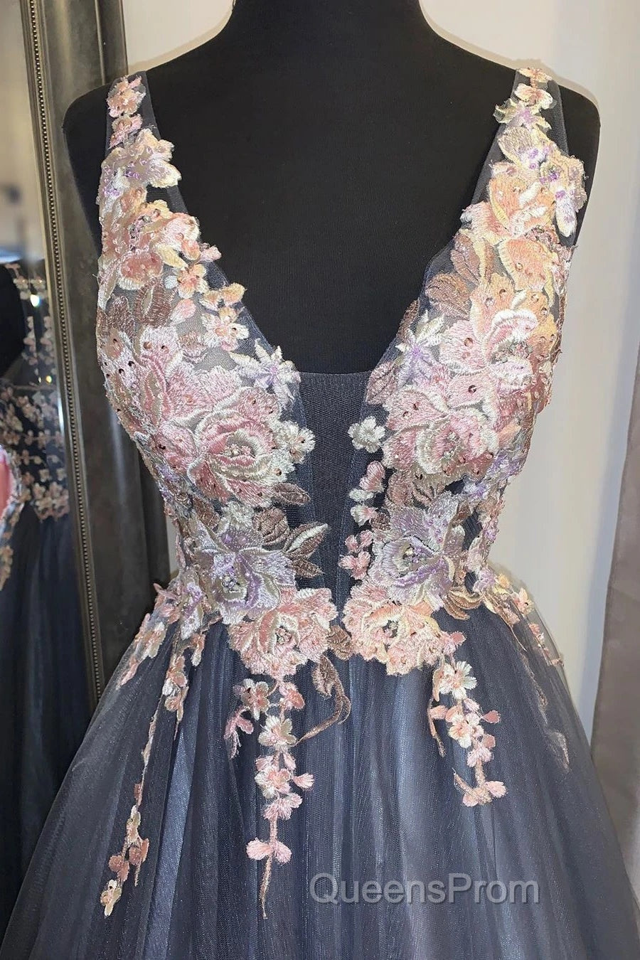 A Line V Neck Smoke Blue Long Evening Prom Dress with Lace Appliques, Floral Smoke Blue Formal Graduation Evening Dress Secondary image