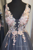 A Line V Neck Smoke Blue Long Evening Prom Dress with Lace Appliques, Floral Smoke Blue Formal Graduation Evening Dress
