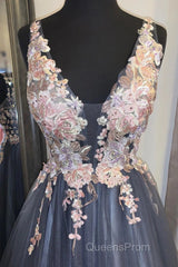 A Line V Neck Smoke Blue Long Evening Prom Dress with Lace Appliques, Floral Smoke Blue Formal Graduation Evening Dress