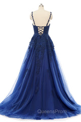 A-line V-neck Spaghetti strap Floor-length Sleeveless Backless Appliques Lace Elegant Evening Prom Dress