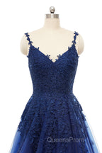 A-line V-neck Spaghetti strap Floor-length Sleeveless Backless Appliques Lace Elegant Evening Prom Dress