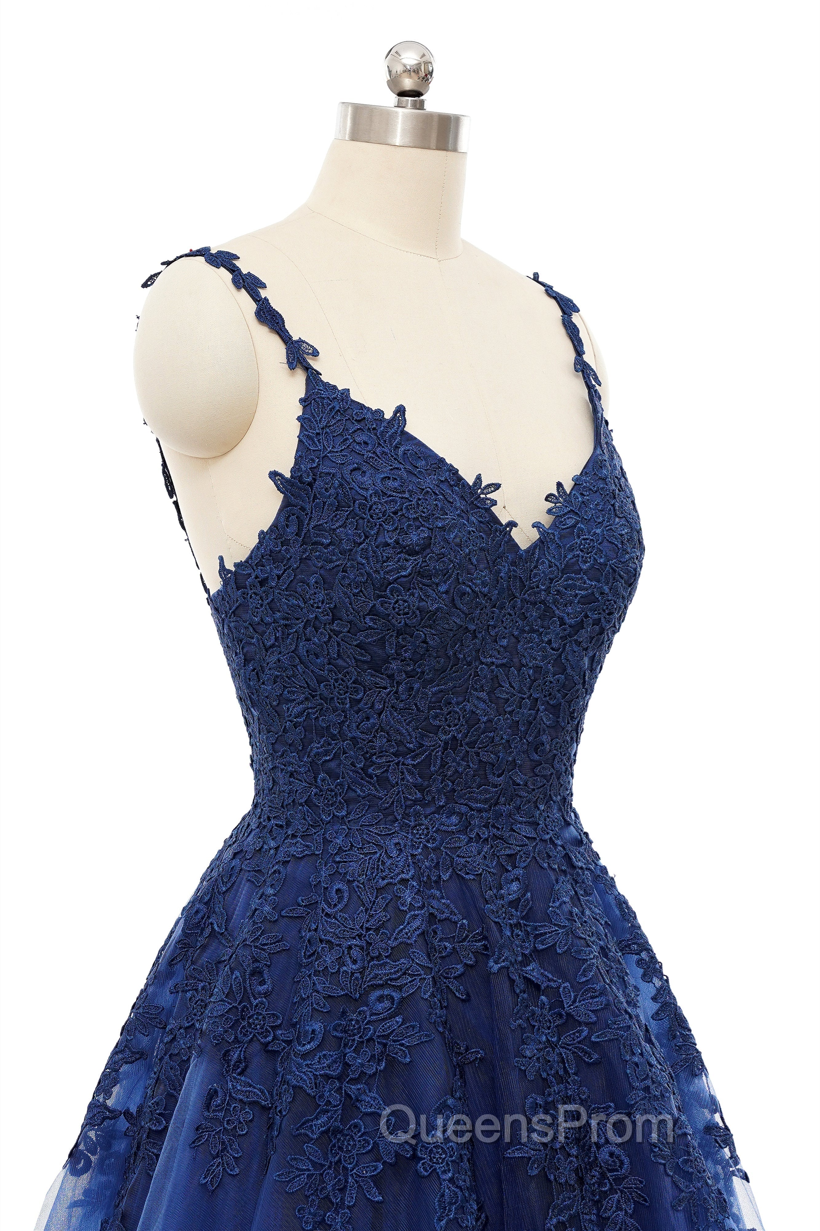 A-line V-neck Spaghetti strap Floor-length Sleeveless Backless Appliques Lace Elegant Evening Prom Dress