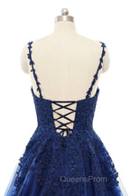 A-line V-neck Spaghetti strap Floor-length Sleeveless Backless Appliques Lace Elegant Evening Prom Dress