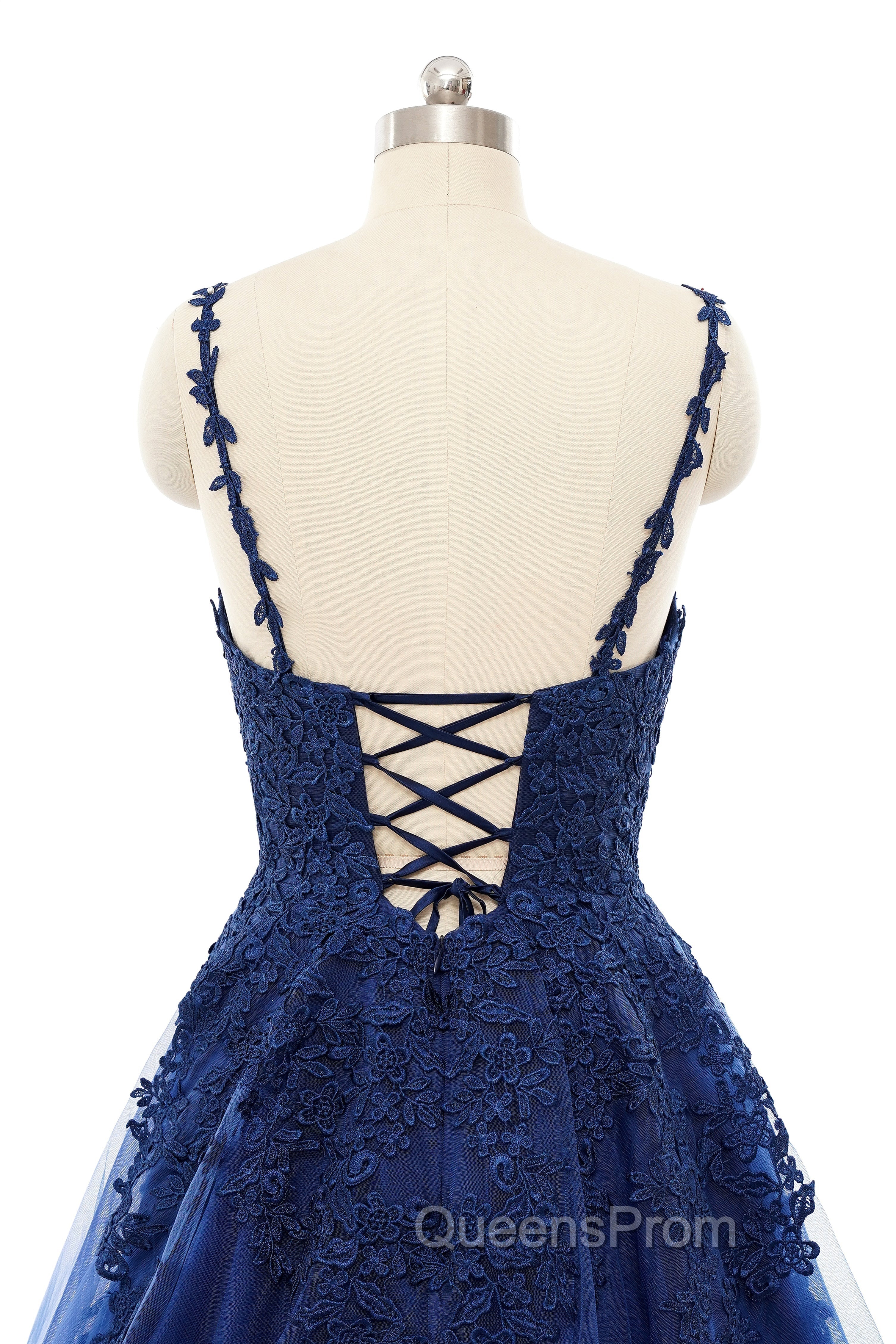 A-line V-neck Spaghetti strap Floor-length Sleeveless Backless Appliques Lace Elegant Evening Prom Dress