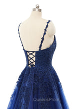 A-line V-neck Spaghetti strap Floor-length Sleeveless Backless Appliques Lace Elegant Evening Prom Dress