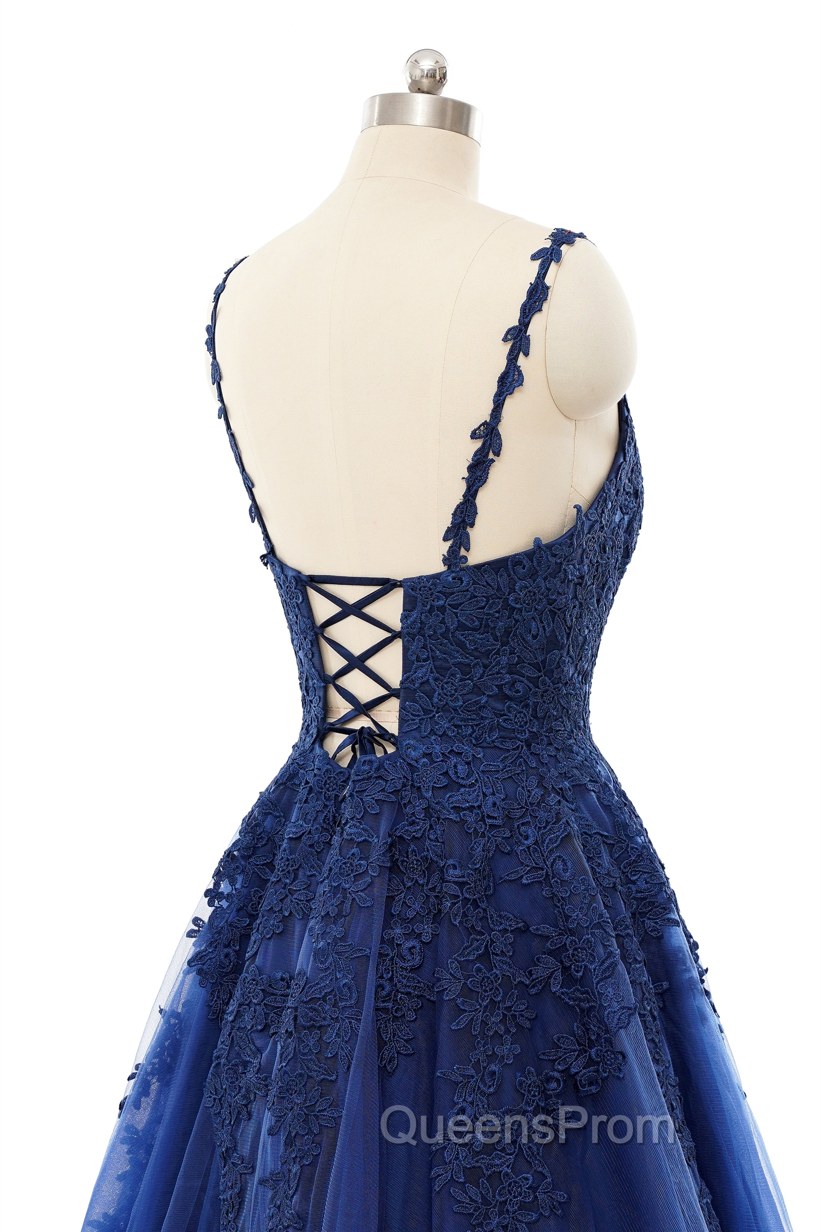 A-line V-neck Spaghetti strap Floor-length Sleeveless Backless Appliques Lace Elegant Evening Prom Dress