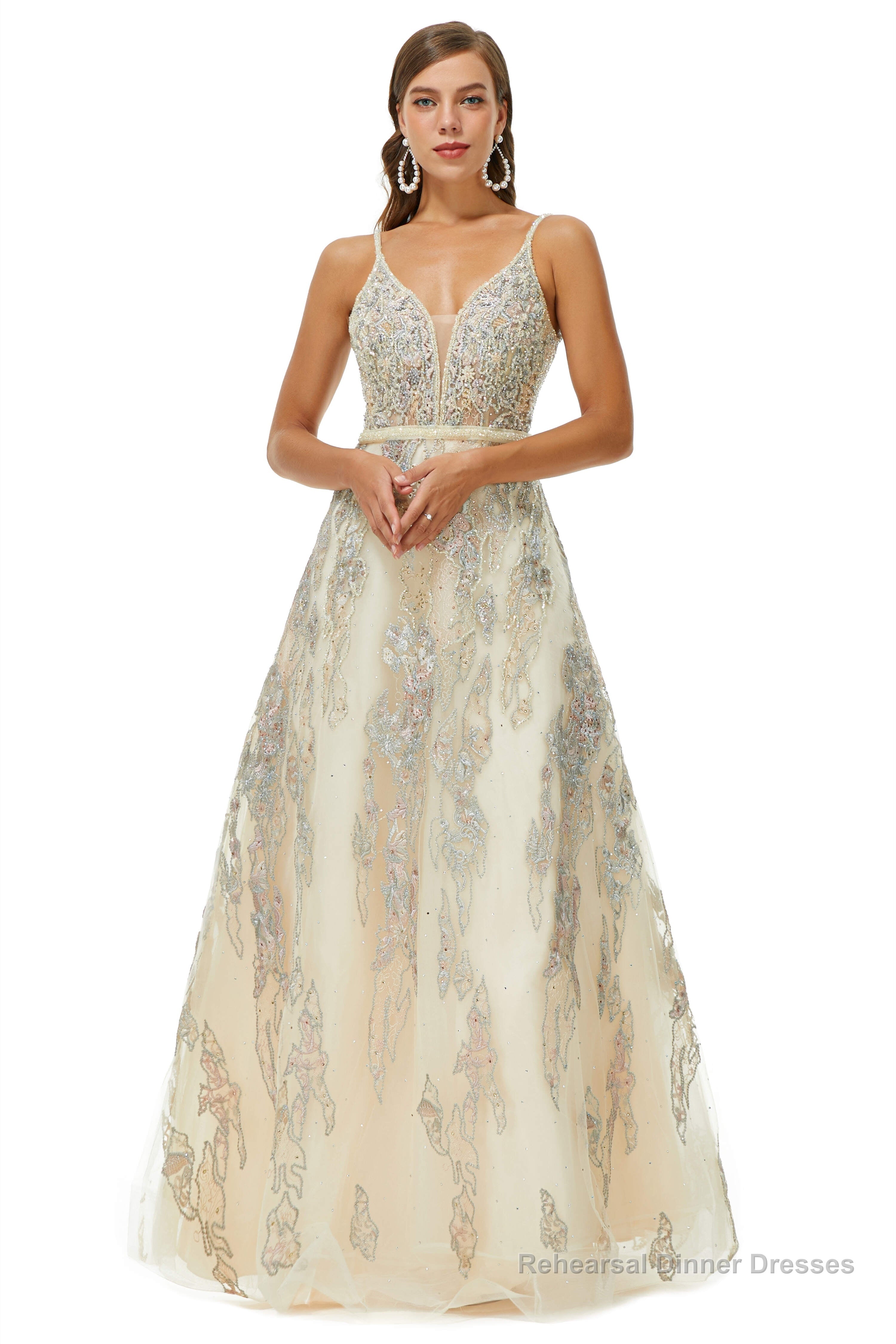 A-line V-neck Spaghetti strap Lace Floor-length Sleeveless Beading Prom Dresses