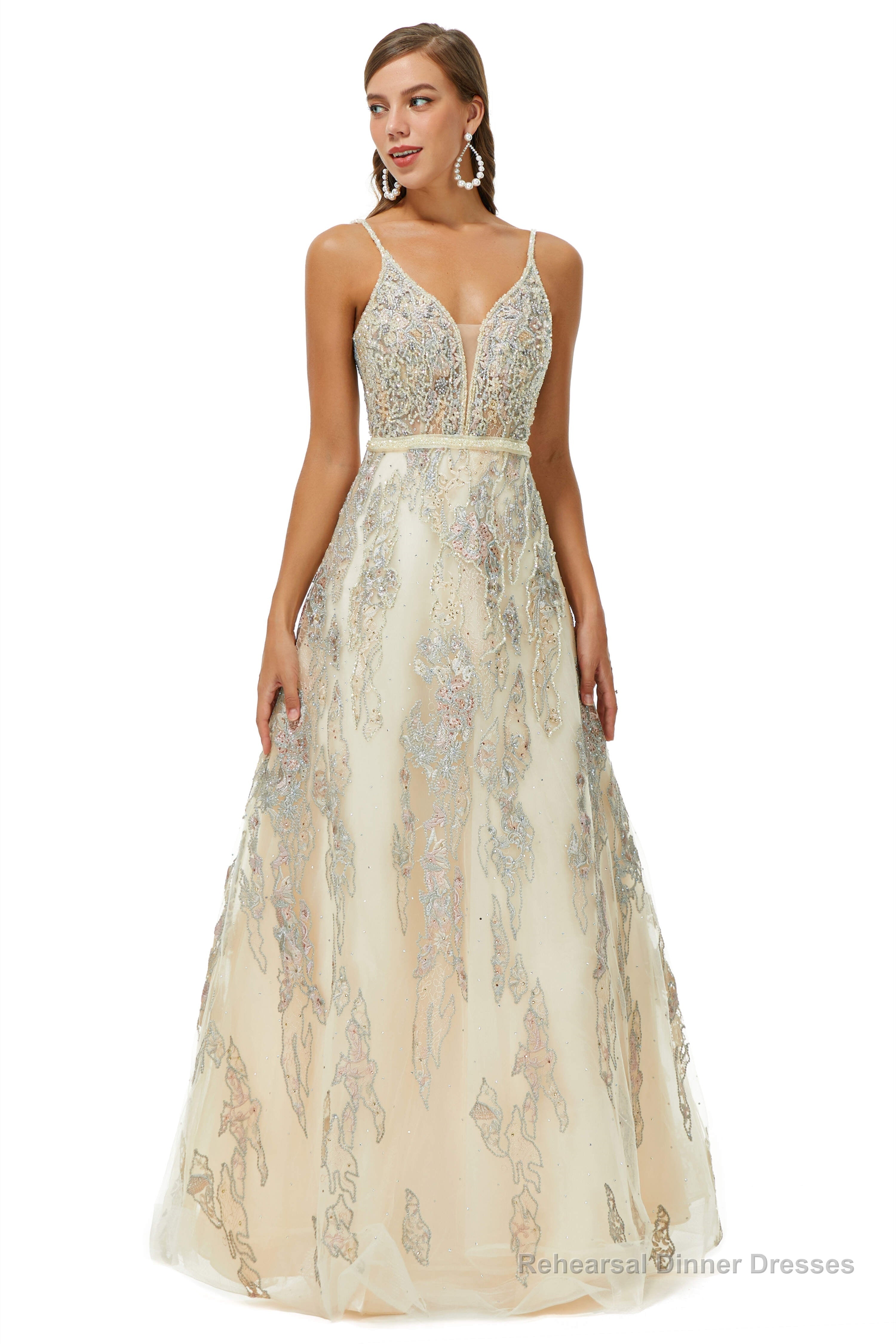 A-line V-neck Spaghetti strap Lace Floor-length Sleeveless Beading Prom Dresses