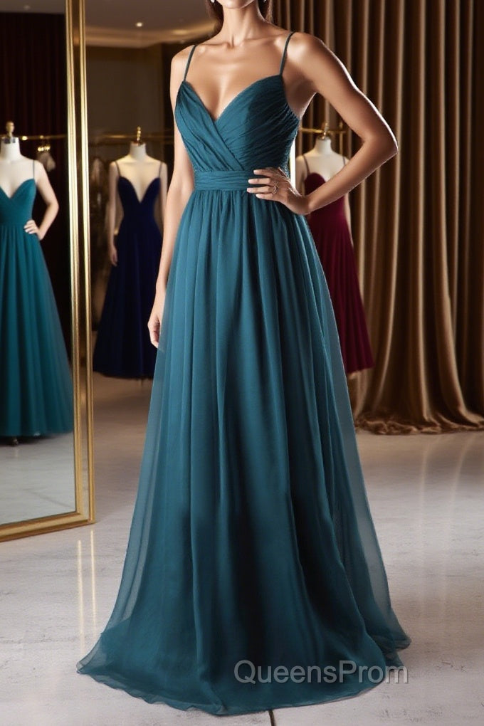 A Line V Neck Spaghetti Strap Peacock Blue Chiffon Long Evening Prom Dress, V Neck Peacock Blue Formal Dress Graudation Evening Dress, Peacock Blue Bridesmaid Dress Main image