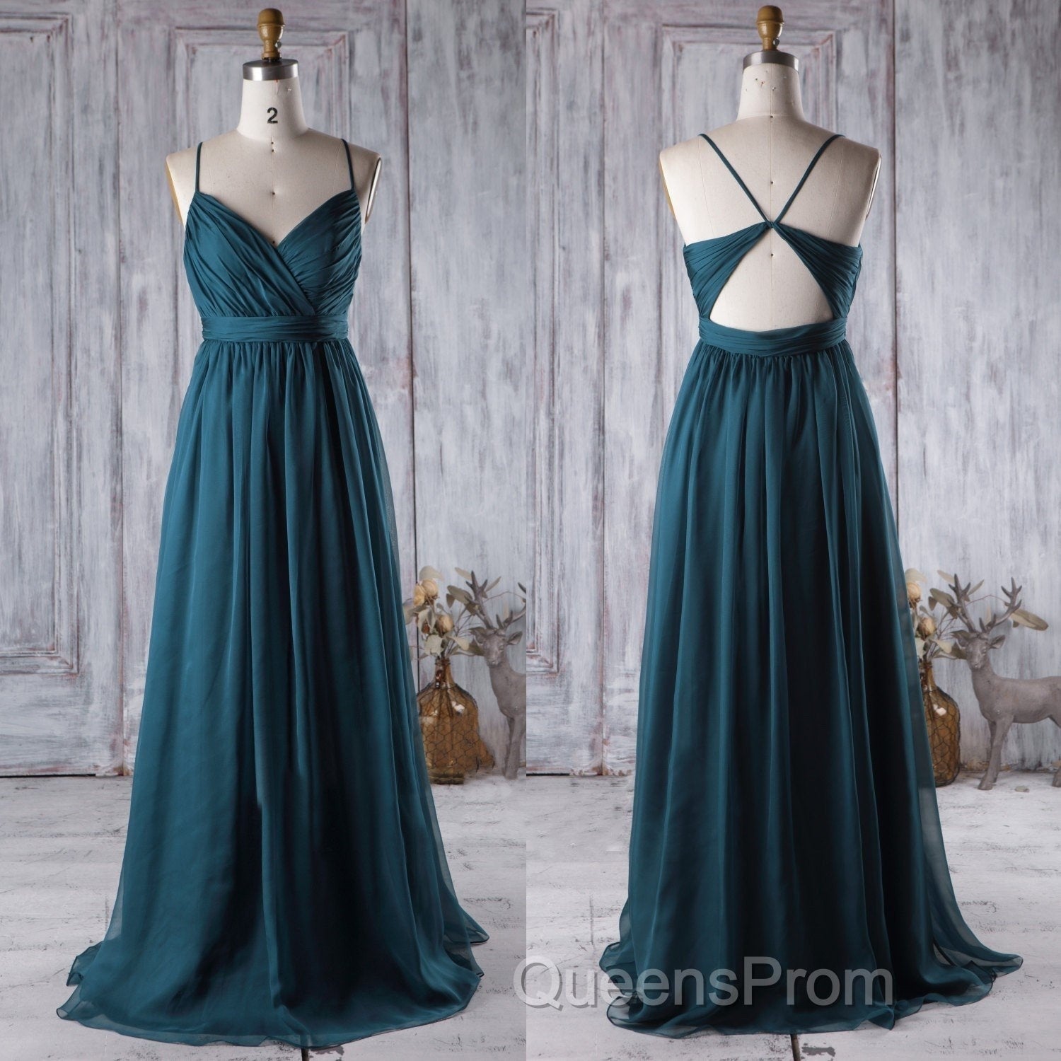 A Line V Neck Spaghetti Strap Peacock Blue Chiffon Long Evening Prom Dress, V Neck Peacock Blue Formal Dress Graudation Evening Dress, Peacock Blue Bridesmaid Dress Secondary image