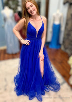 A-line V Neck Spaghetti Straps Court Train Tulle Prom Dresses With Split