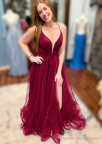A-line V Neck Spaghetti Straps Court Train Tulle Prom Dresses With Split