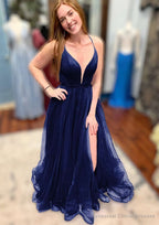 A-line V Neck Spaghetti Straps Court Train Tulle Prom Dresses With Split