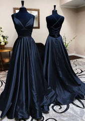 A-line V Neck Spaghetti Straps Long/Floor-Length Charmeuse Prom Dresses With Pleated