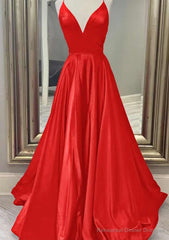 A-line V Neck Spaghetti Straps Long/Floor-Length Charmeuse Prom Dresses With Pockets