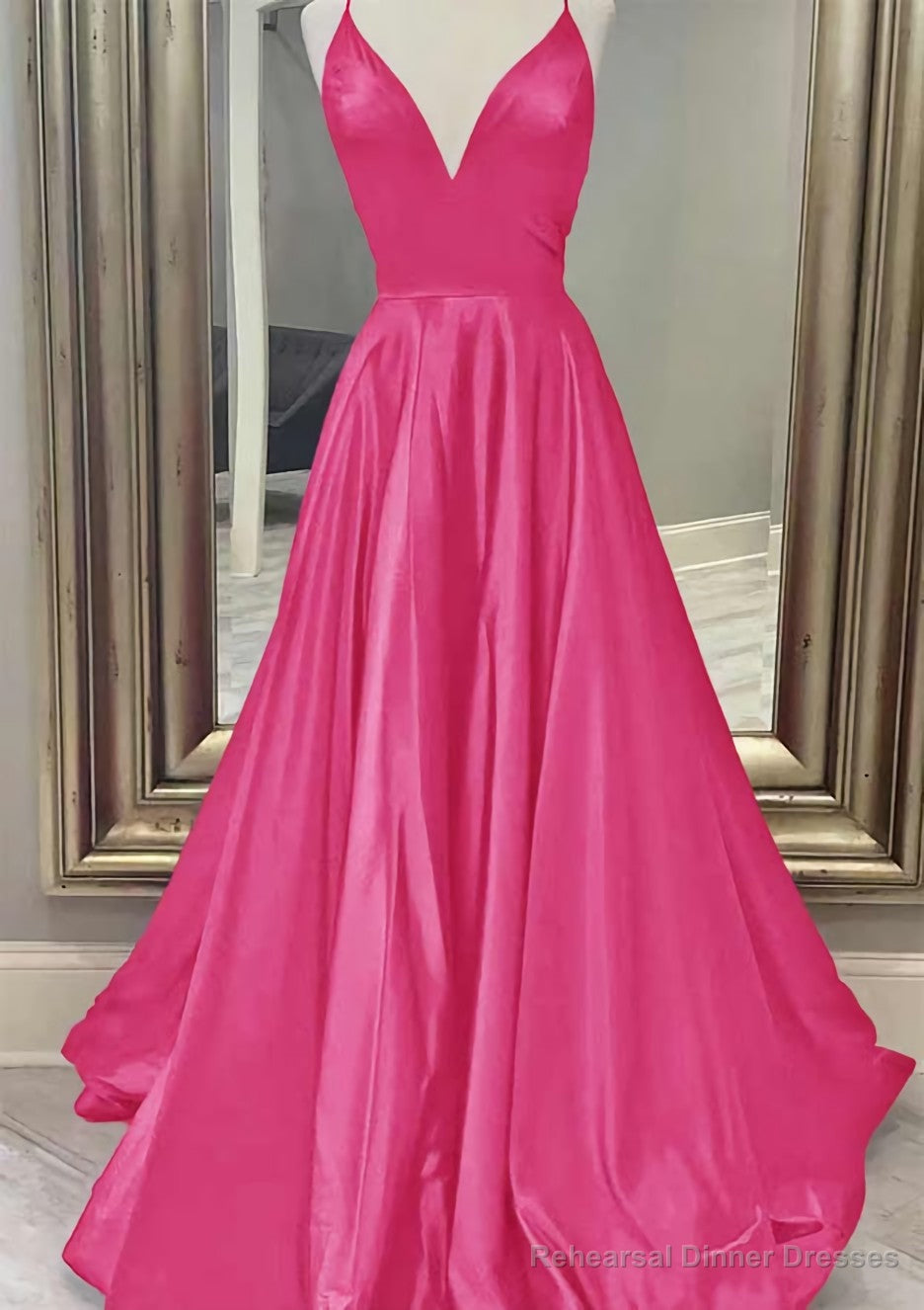A-line V Neck Spaghetti Straps Long/Floor-Length Charmeuse Prom Dresses With Pockets