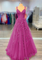 A-line V Neck Spaghetti Straps Long/Floor-Length Lace Prom Dresses With Beading