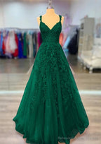 A-line V Neck Spaghetti Straps Long/Floor-Length Lace Prom Dresses With Beading