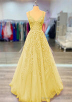 A-line V Neck Spaghetti Straps Long/Floor-Length Lace Prom Dresses With Beading