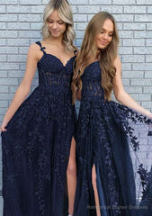 A-line V Neck Spaghetti Straps Long/Floor-Length Lace Prom Dresses With Split